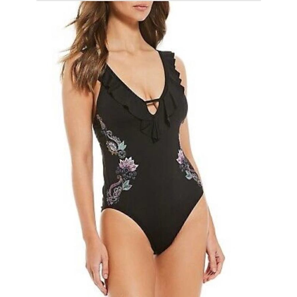 Gibson Latimer Mirage Floral Embroidered Ruffle Swimsuit NWt XS